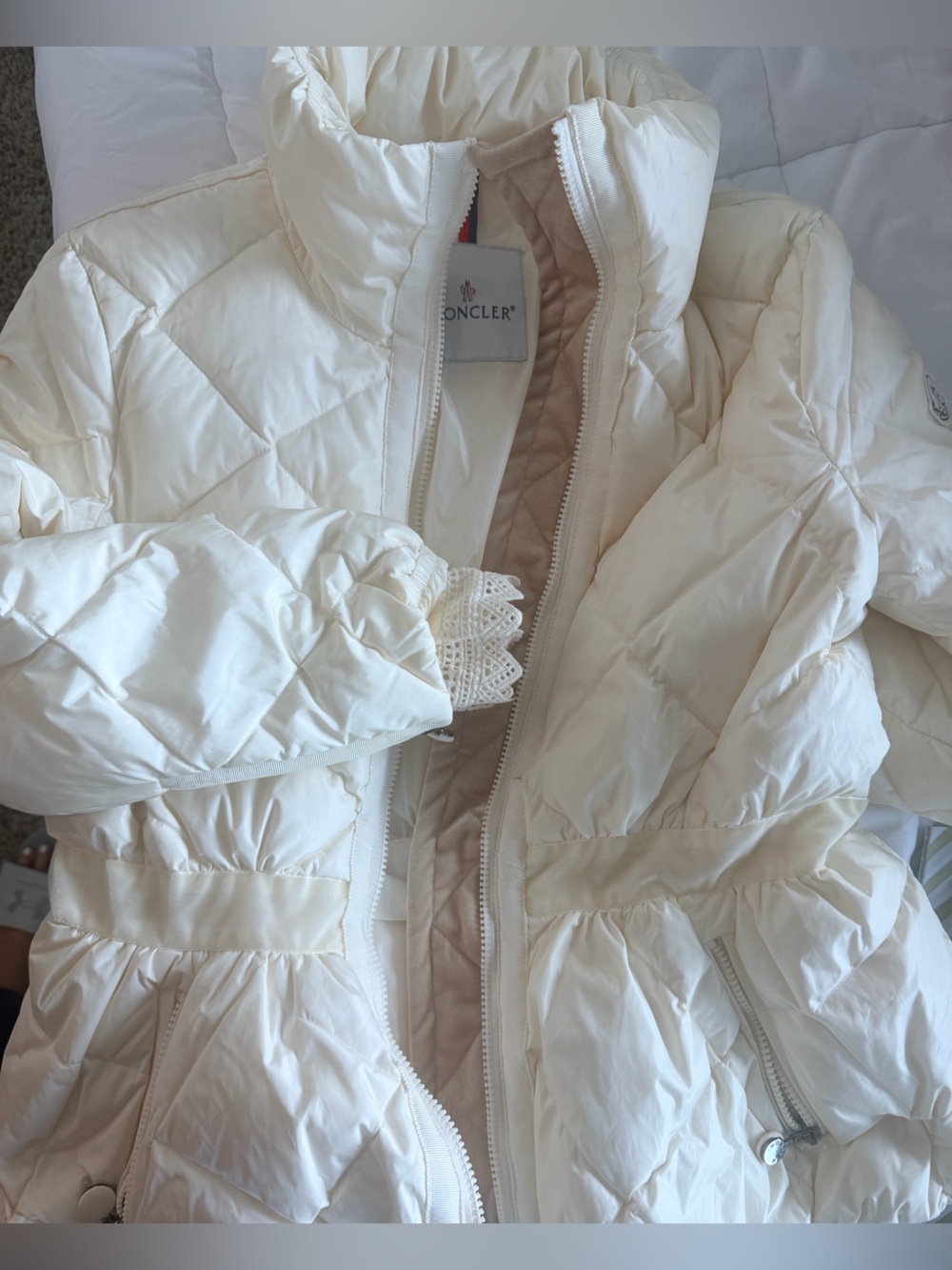 Moncler Cream Quilted Peplum Puffer Jacket